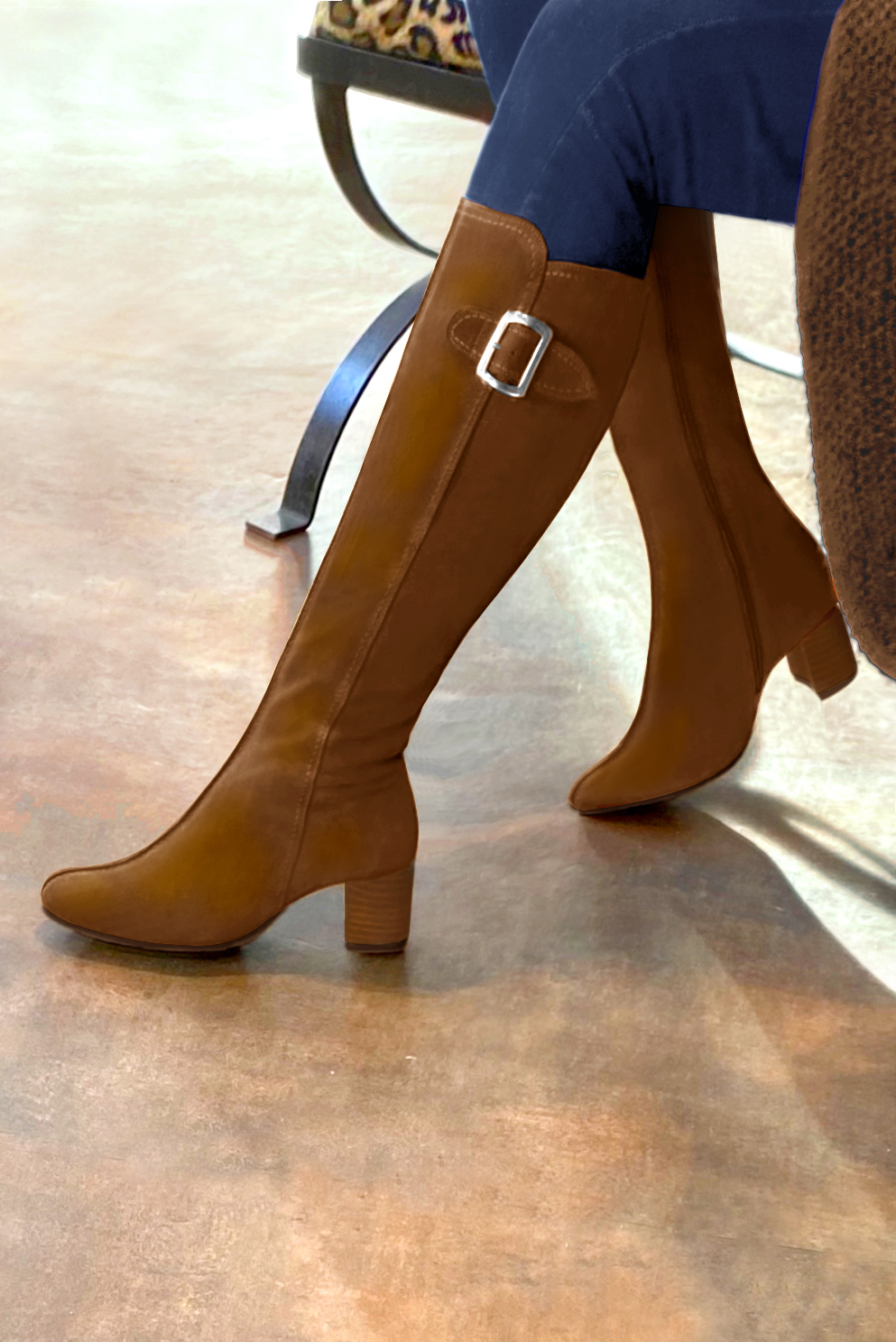 Caramel brown women's knee-high boots with buckles. Round toe. Low flare heels. Made to measure. Worn view - Florence KOOIJMAN